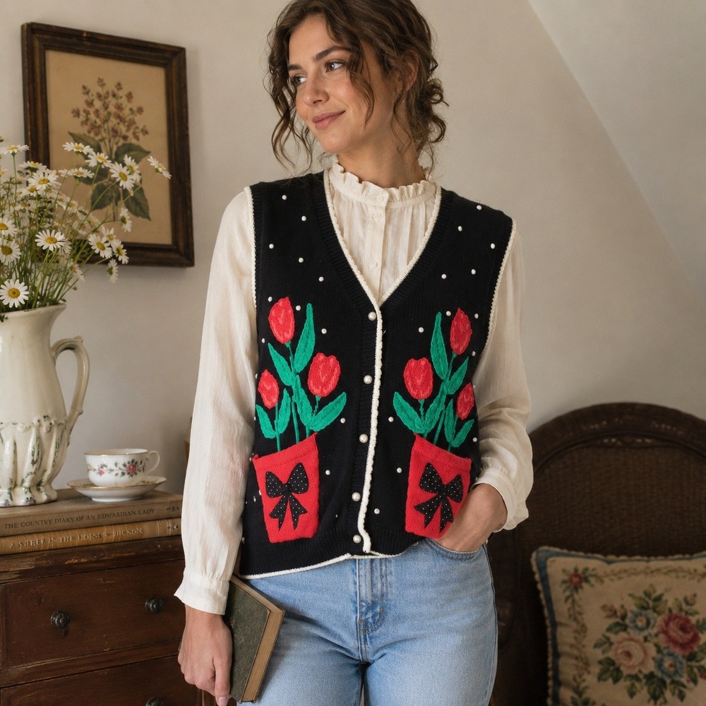 Vintage BellePointe Tulip Floral Sweater Vest Novelty Cottagecore Women's Large